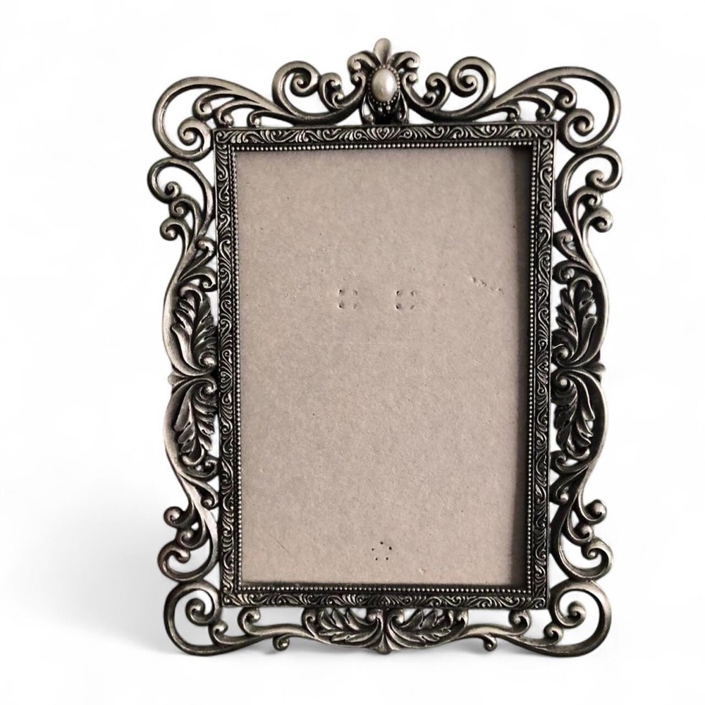 Vintage Pearl Pewter Filigree Scroll Picture Photo Frame Ornate Metal Victorian